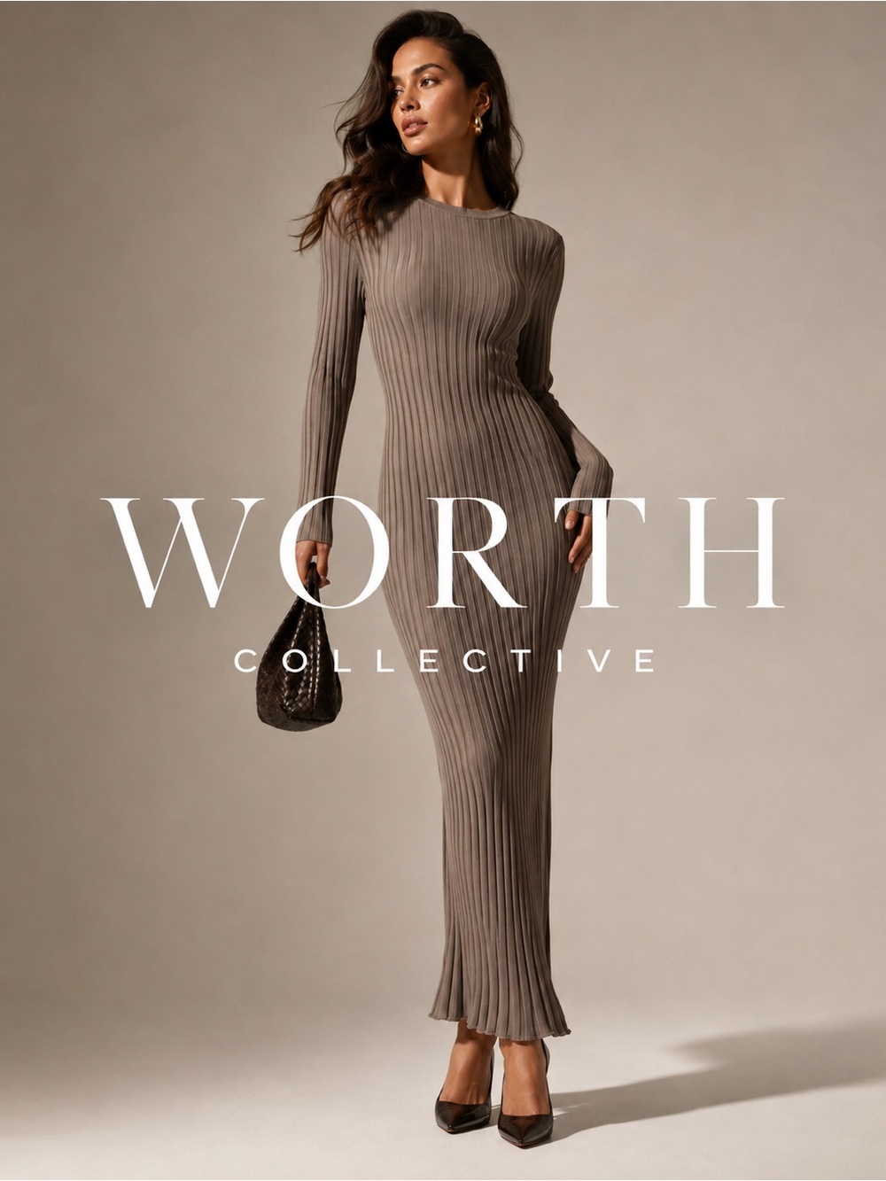 Worth Collective XL Ribbed Knit Maxi Dress Taupe Long Sleeve Bodycon Belted NWT